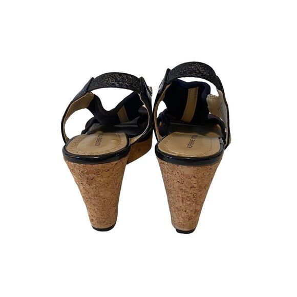 Adrienne Vittadini Black Cloth & Patent Leather Peep Toe Cork Wedge Heels. - Picture 3 of 6